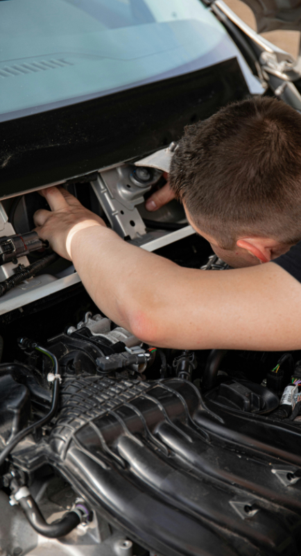 Mechanic inspecting car